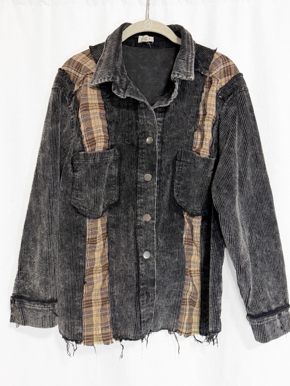 POL Distressed Black and Tan Plaid Oversized Corduroy Shacket Size Small
